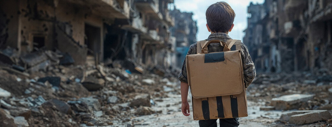 Hilfe für Kinder in Kriegsgebieten © Symbolbild: Generiert mit Midjourney Zerstörte Häuser und Trümmer im Hintergrund, im Vordergrund ein Bub mit Schultasche. Er ist von hinten zu sehen.